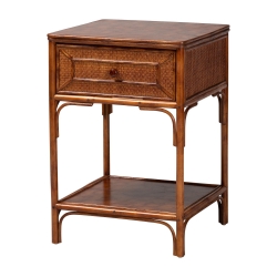 bali & pari Basile Marbled Tortoise Natural Rattan End Table - Handwoven Wicker Accent Table with Geometric Overlay Drawer and Open Shelf for Living Room
